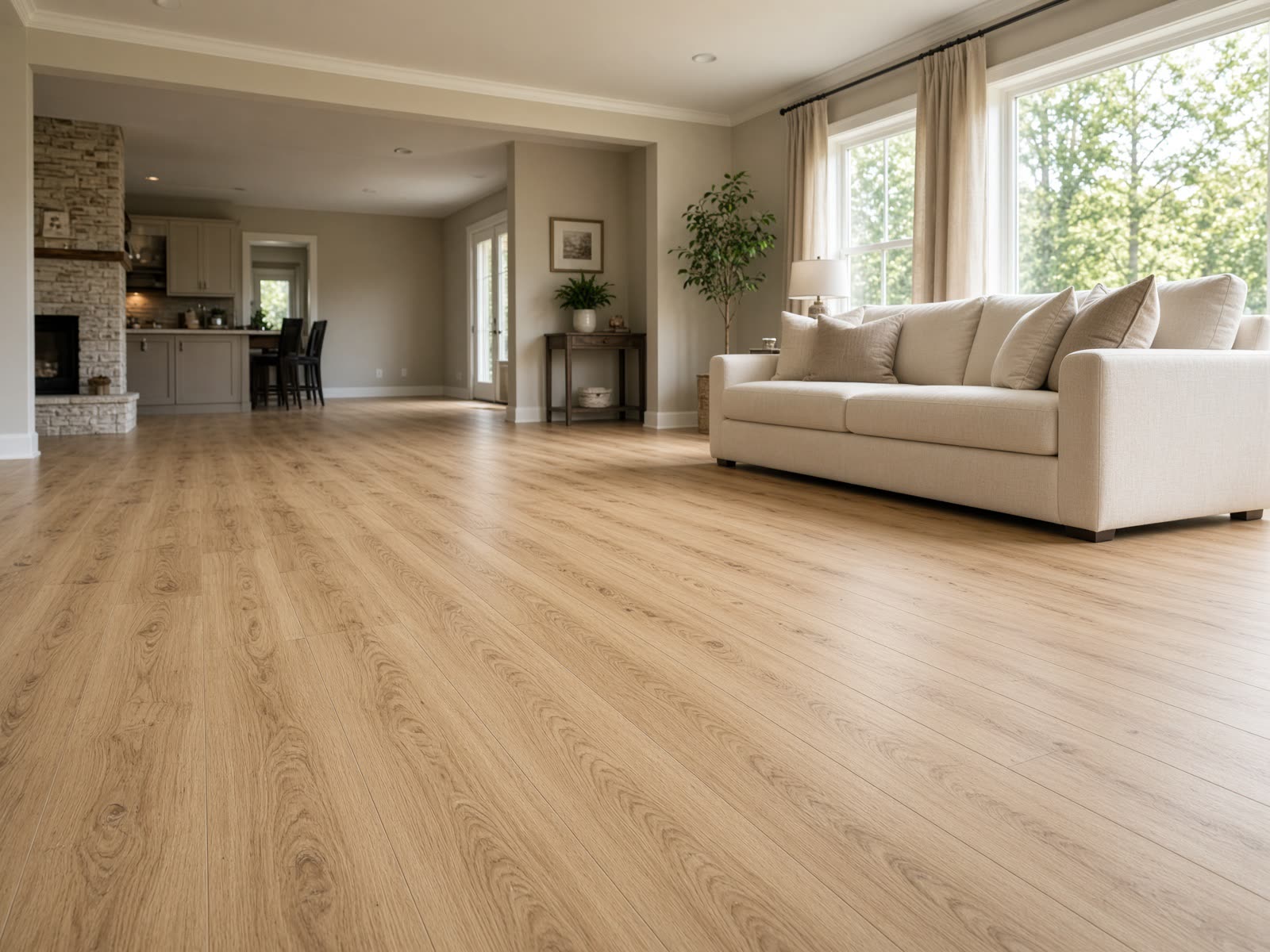 Warm almond oak SPC flooring, luxury vinyl plank in a living room, Bryson Co LLC Gadsden AL