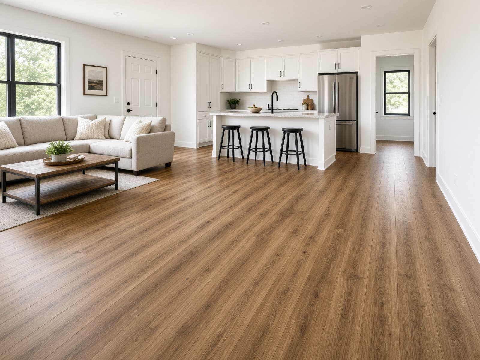 Bear SPC oak luxury vinyl plank in an open living room and kitchen, Bryson Co LLC Gadsden AL