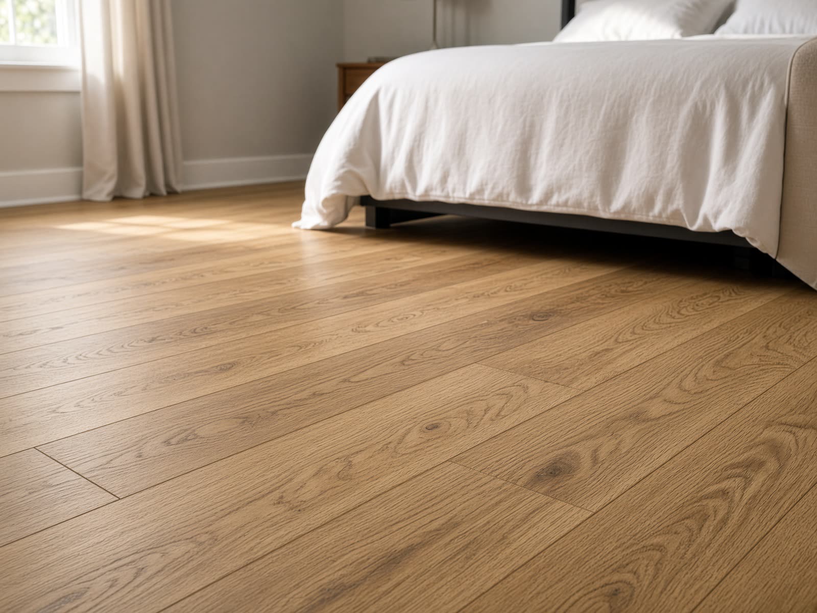 Essential Oak luxury vinyl plank SPC flooring in a bright bedroom, Bryson Co LLC Gadsden AL