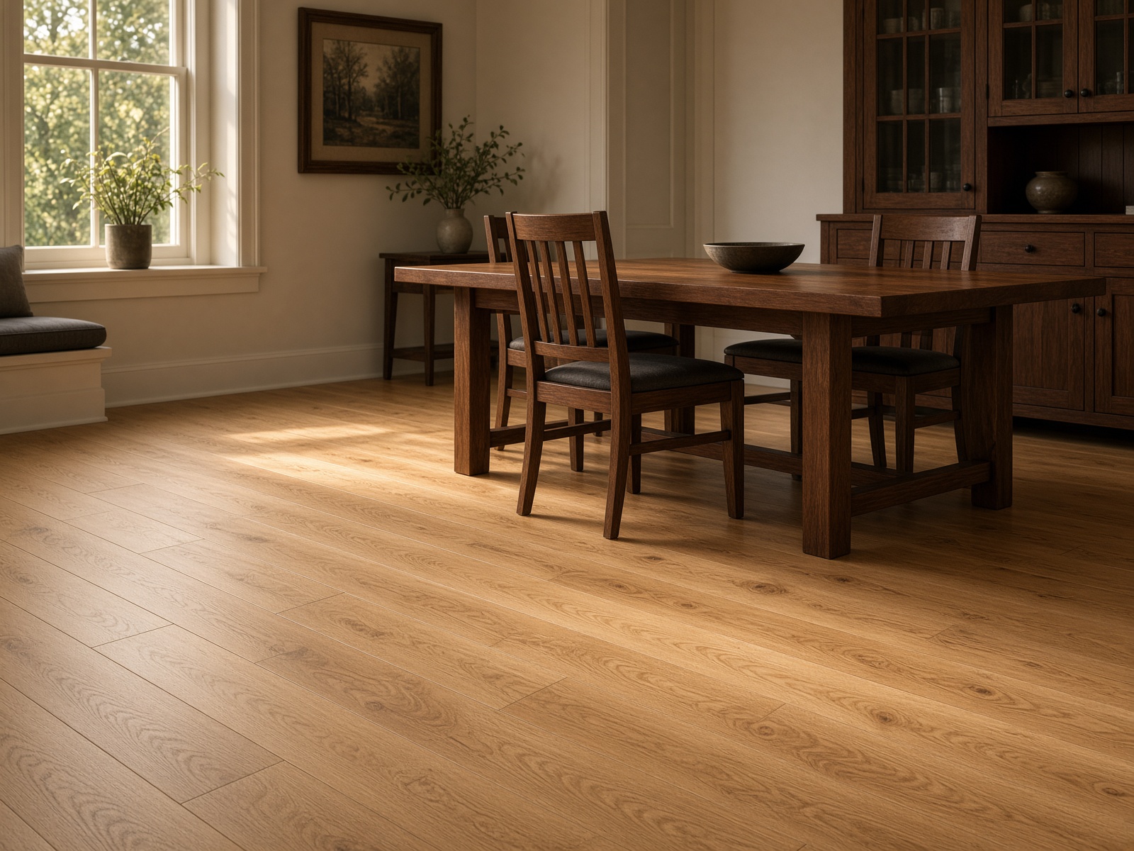 Engineered white oak hardwood flooring in a dining room, Bryson Co LLC Gadsden AL