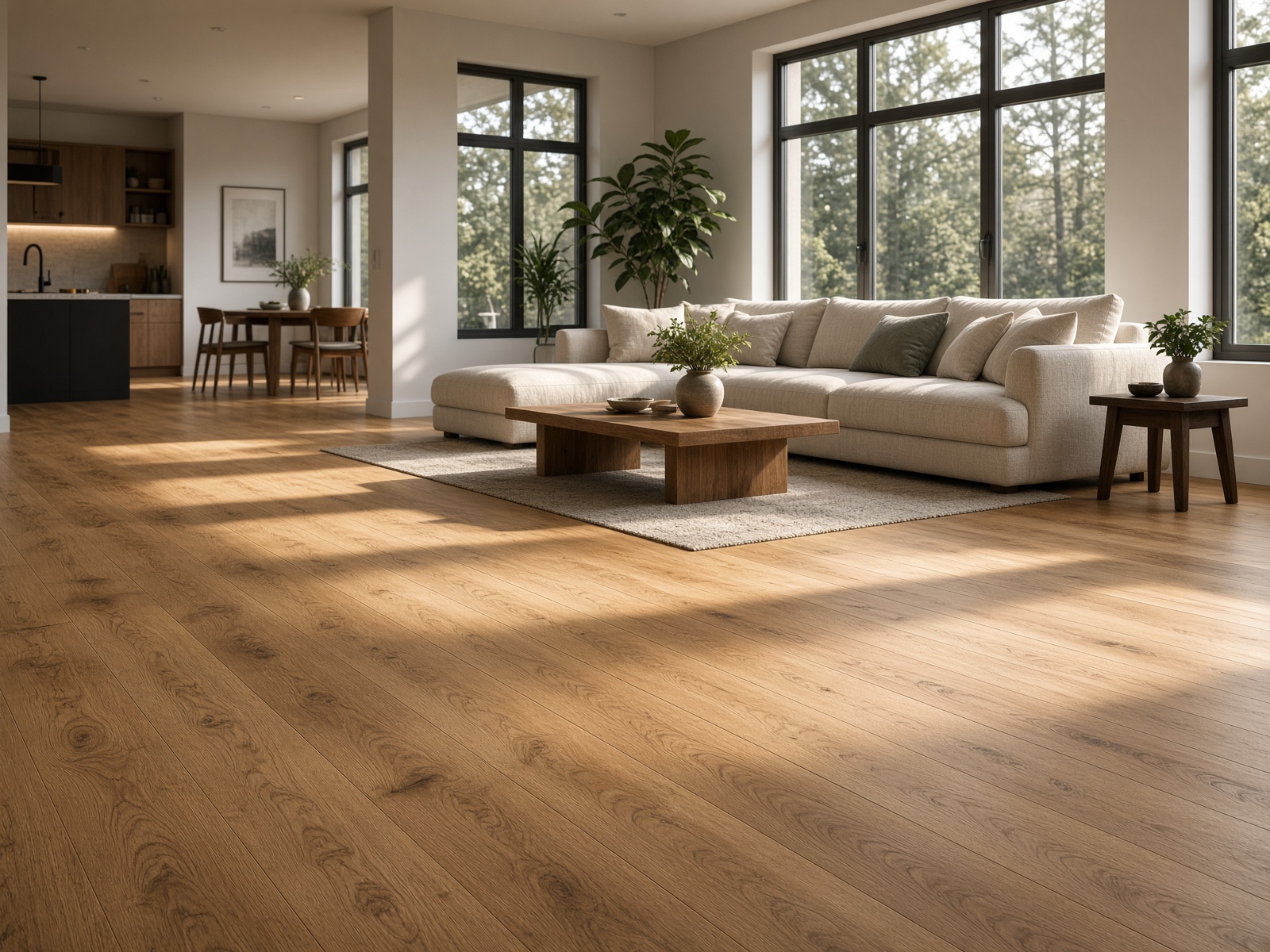 Warm oak SPC flooring and luxury vinyl plank in an open living room, Bryson Co LLC Gadsden AL