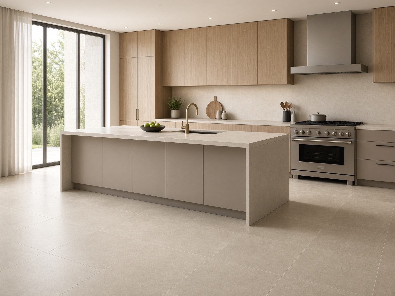 Large-format porcelain tile flooring in a modern kitchen, Bryson Co LLC Gadsden AL