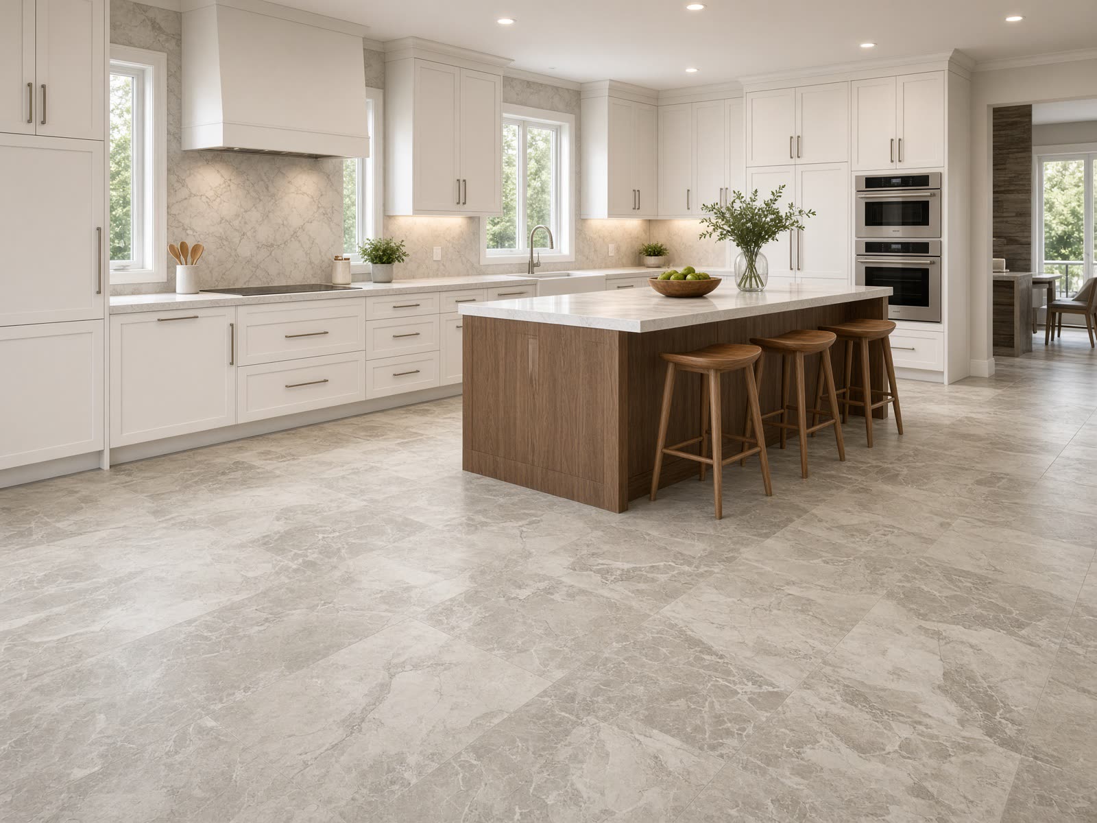 Stone-look Tru Stone SPC flooring in a modern kitchen, wholesale flooring Bryson Co LLC Gadsden AL